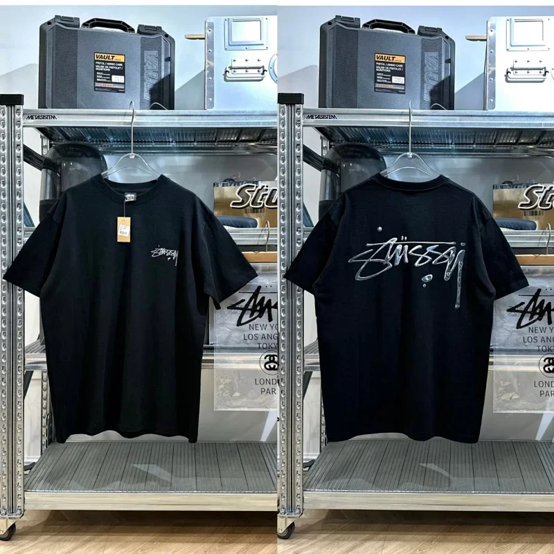 Stussy Black T-Shirt: Front Small Logo, Back Graffiti