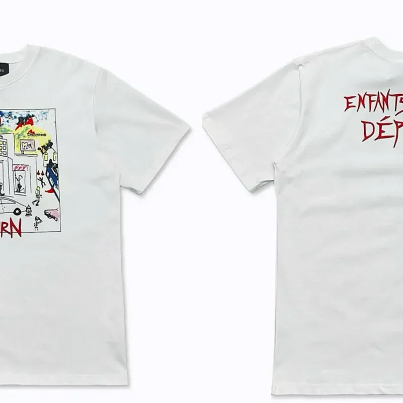 Enfants Déparus White T-Shirt: Cartoon Graffiti & Red Text