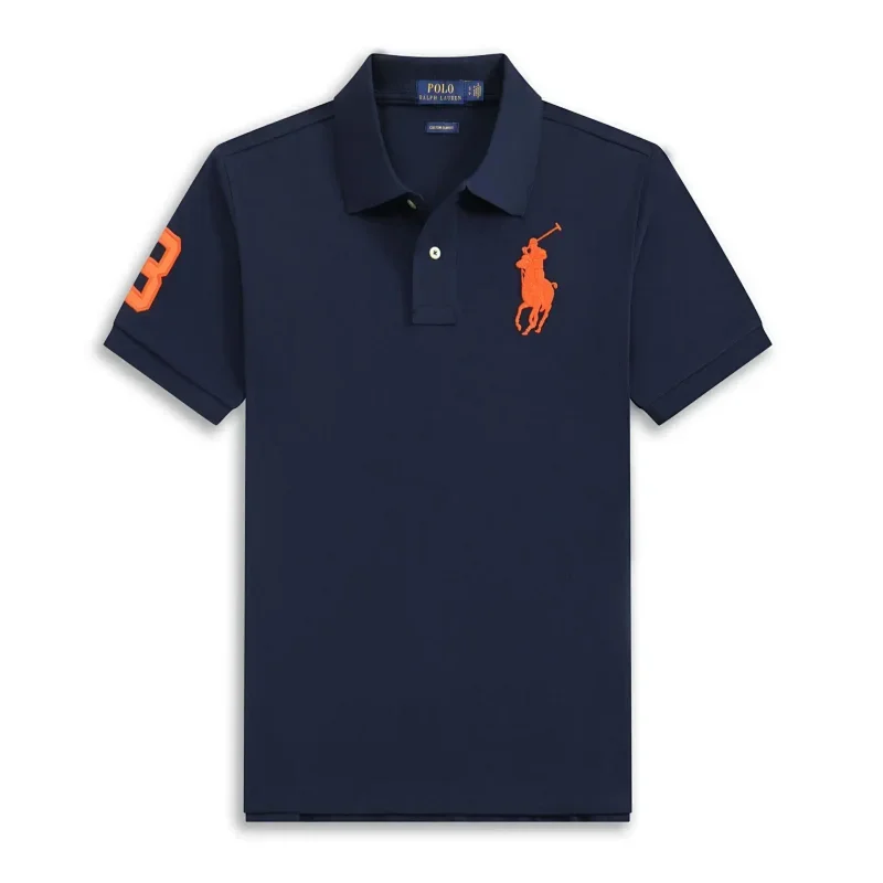 POLO RALPH LAUREN Navy Blue Polo T-Shirt with Orange Logo