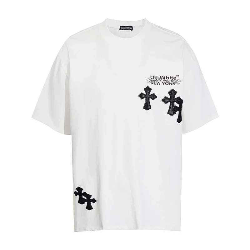 Off-White T-Shirt with Black Cross Patches