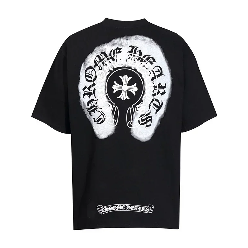 Chrome Hearts Black T-Shirt with White Spray-Painted Horseshoe Cross