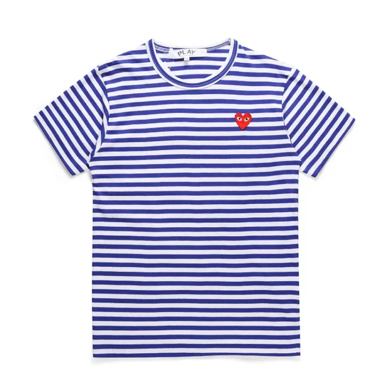 PLAY Blue & White Striped T-Shirt with Red Heart Embroidery