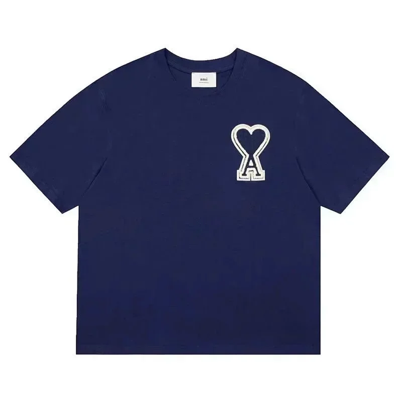 ami Navy Blue T-Shirt with White Heart A Embroidery