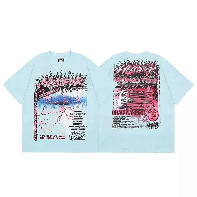 HELLSTAR Light Blue T-Shirt: Flame, Lightning & World Tour 3005 Print