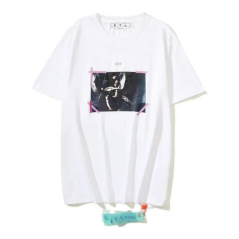 OFF-WHITE Religious Print T-Shirt with Pink Cross Tape