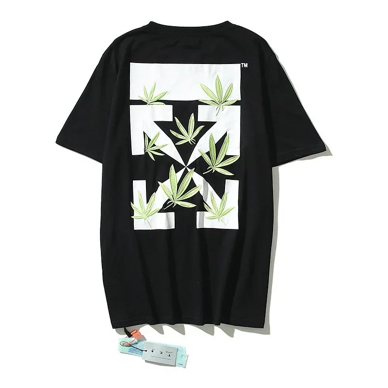 OFF-WHITE Black T-Shirt with Green Leaf Embroidery