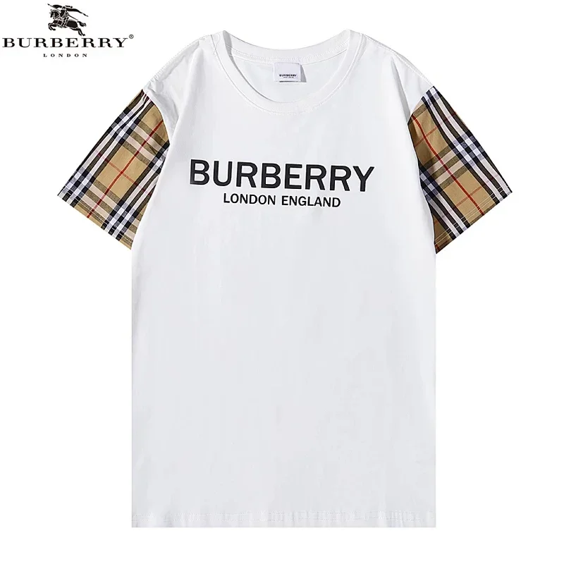 Burberry White T-Shirt with Checkered Sleeves