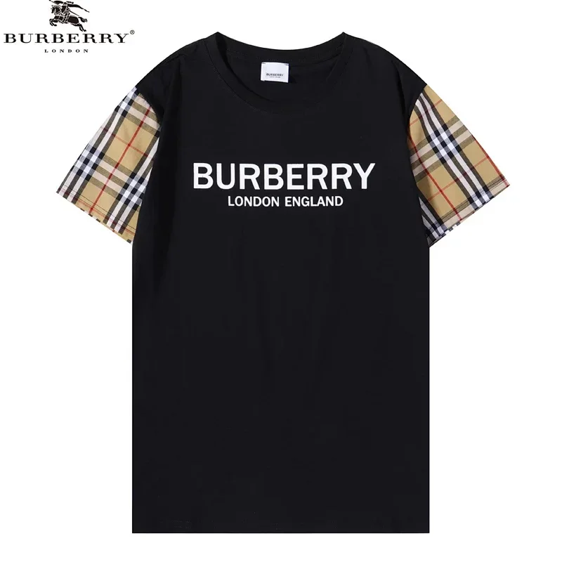 BURBERRY Black T-Shirt with Check Sleeves & Logo