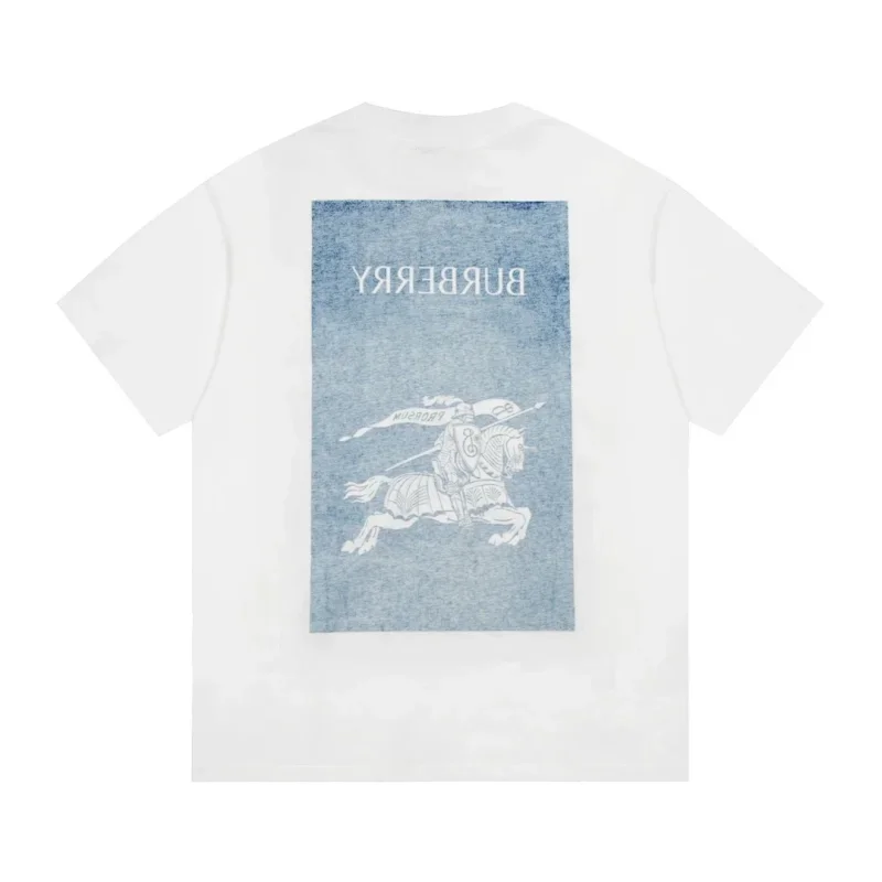 Burberry White T-Shirt with Blue Reverse Knight Back Print