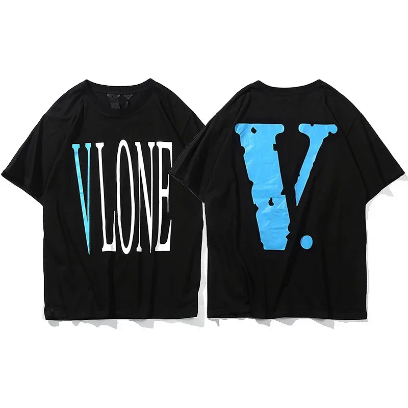 VLONE Black T-Shirt Blue&White Front Logo, Back V Dot