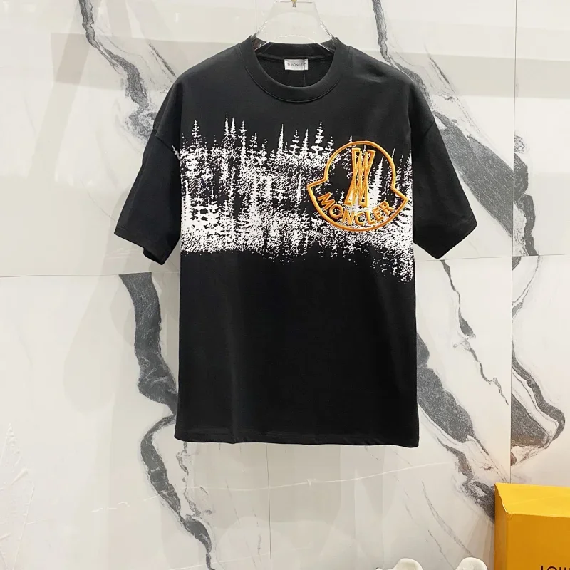 Moncler Black T-Shirt White Forest Pattern