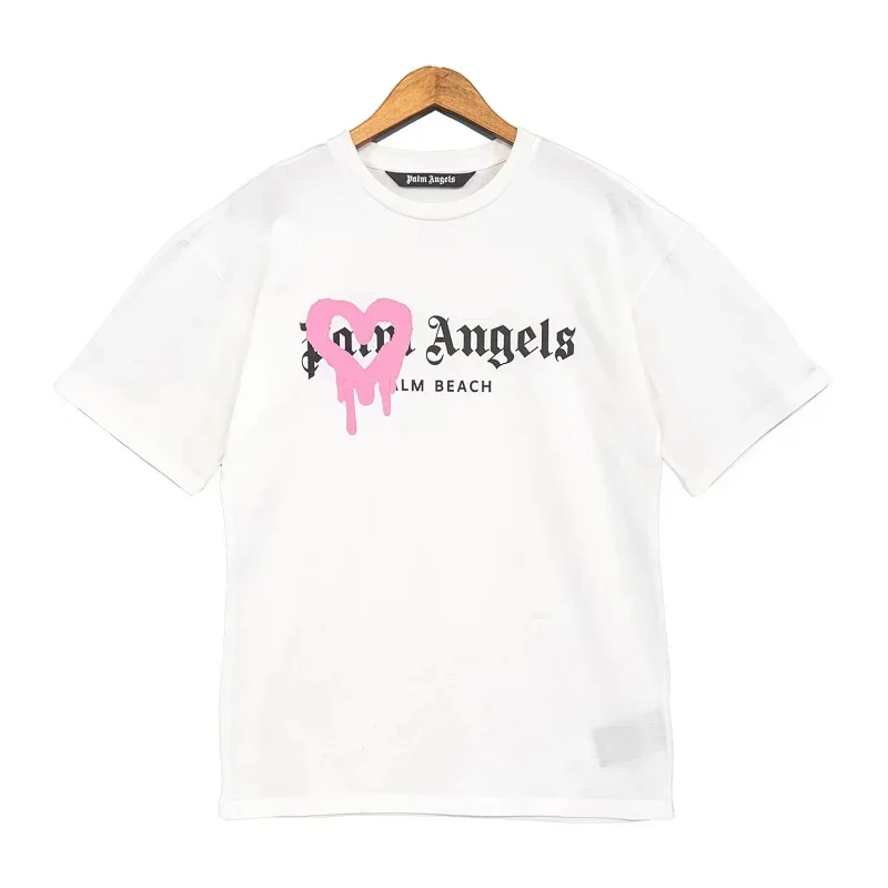 Palm Angels White Tee with Pink Heart Print