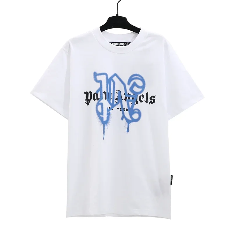 Palm Angels White T-Shirt with Blue Graffiti Logo