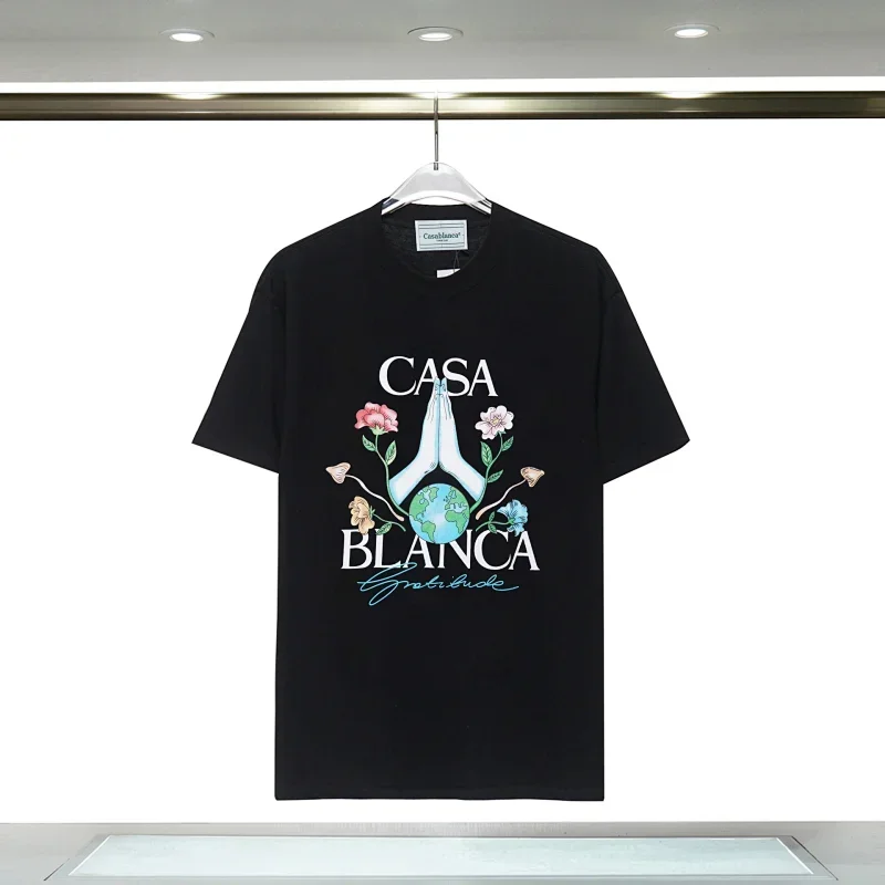 Casablanca Black T-Shirt: Praying Hands, Earth, Flowers