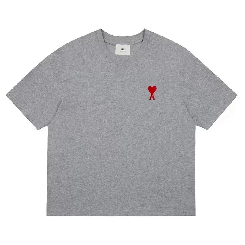 Ami Gray T-Shirt with Red Heart Embroidery