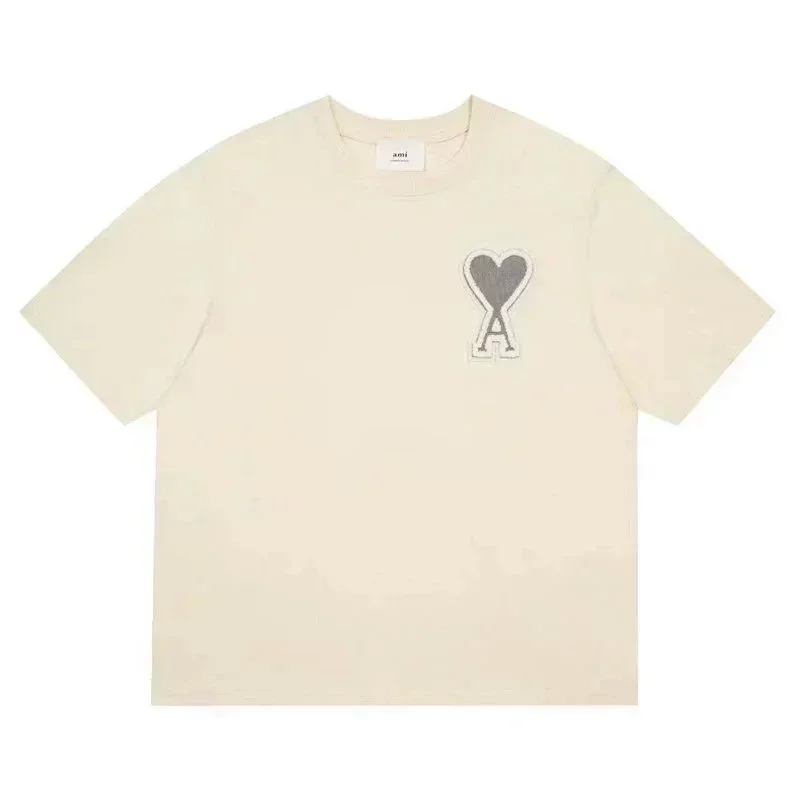 ami Beige T-Shirt with Gray Heart Embroidery