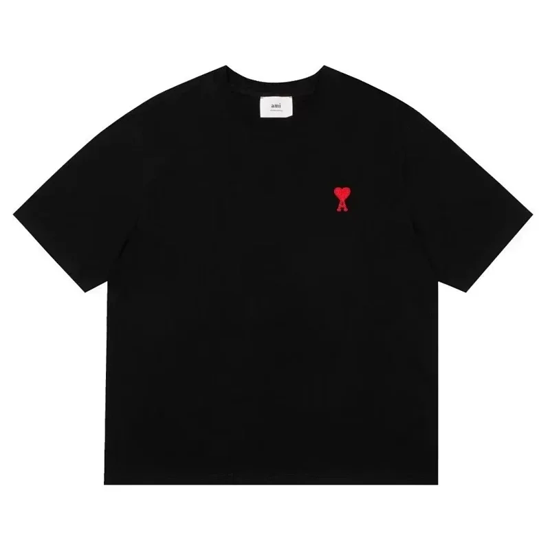 AMI Black Red Heart Embroidered Short Sleeve