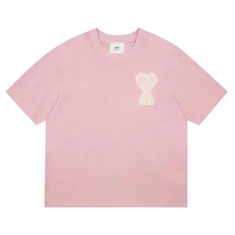 AMI Pink Heart A Embroidered Short Sleeve