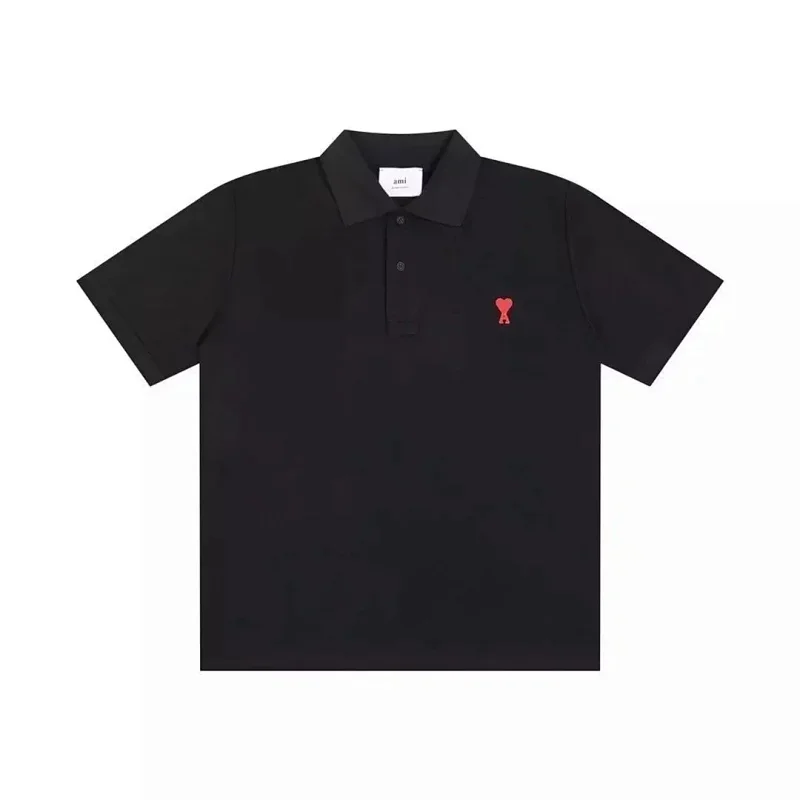 ami Black Polo with Red Heart Embroidery