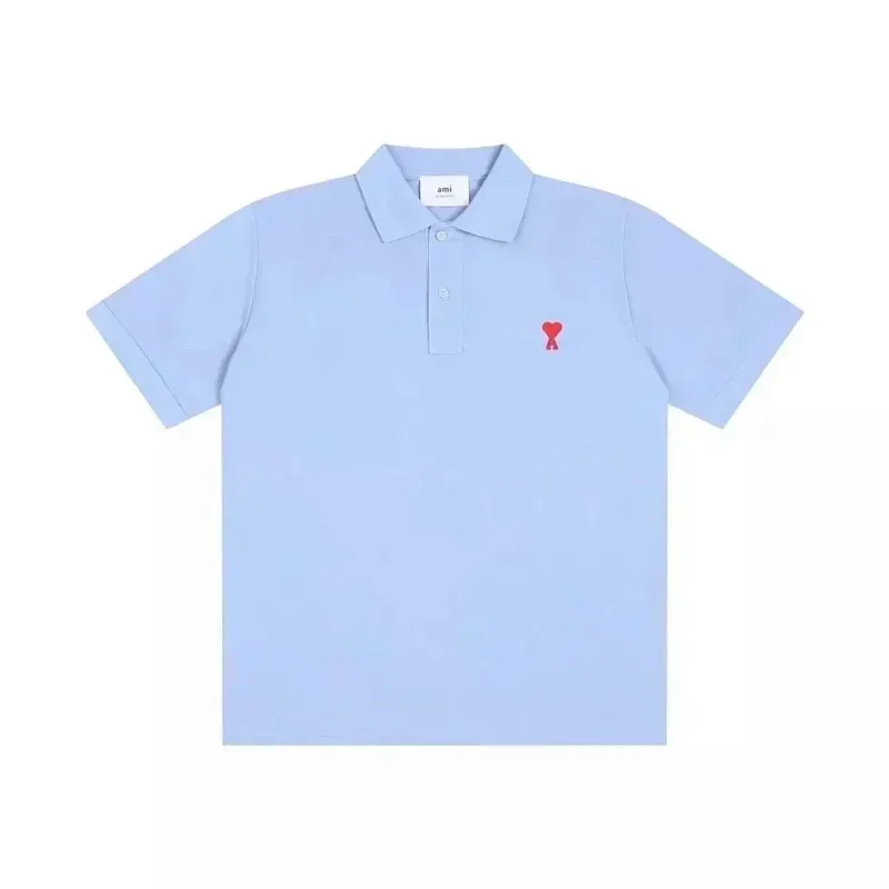 AMI Light Blue Red Heart Embroidered Polo