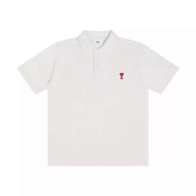 AMI White Red Heart A Embroidered Polo