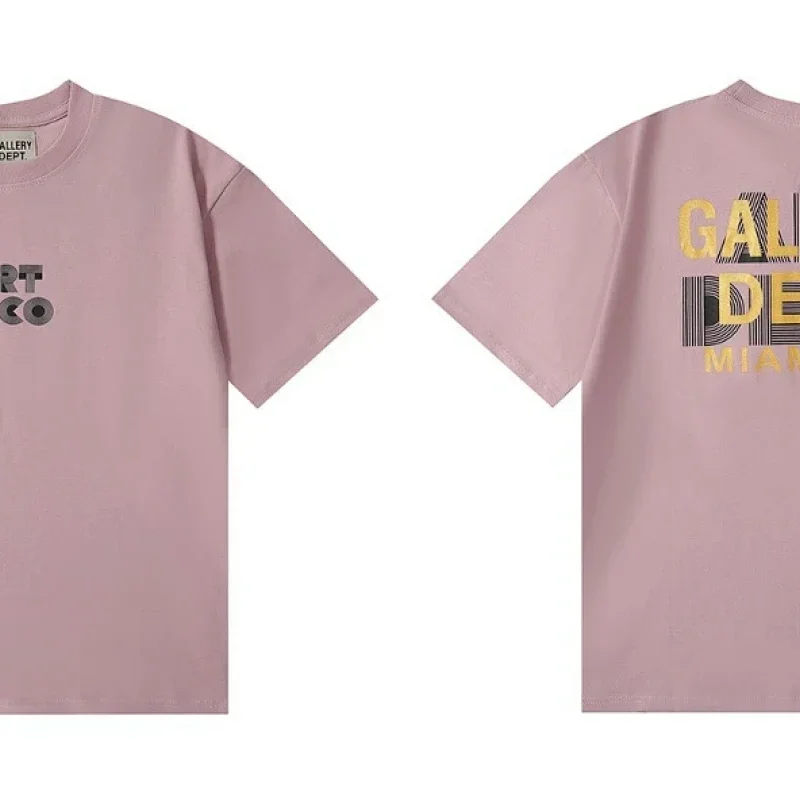 GALLERY DEPT Pink T-Shirt Black & Gold Logo Print