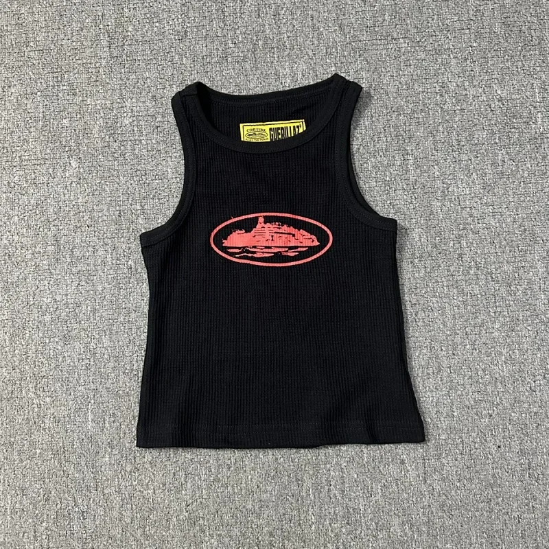 GUERILLAZ Black Ribbed Sleeveless Tee Red Print