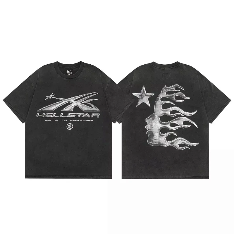 HELLSTAR Black T-Shirt with Flame Face Star Print