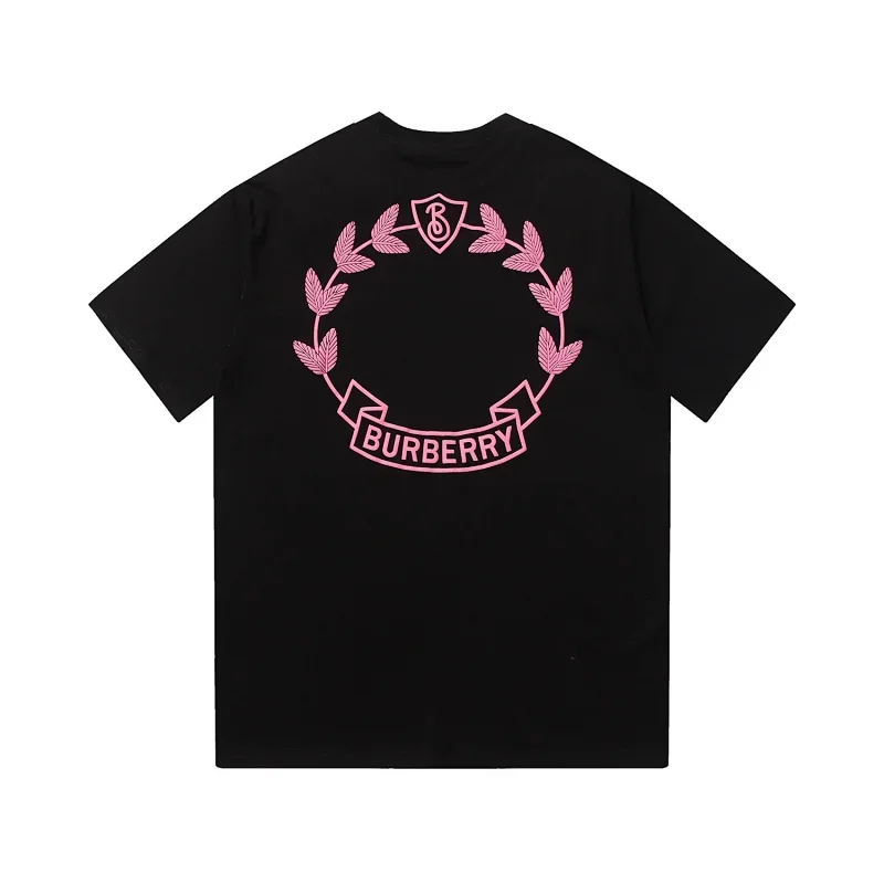 Burberry Black Tee with Pink Laurel Wreath & Logo