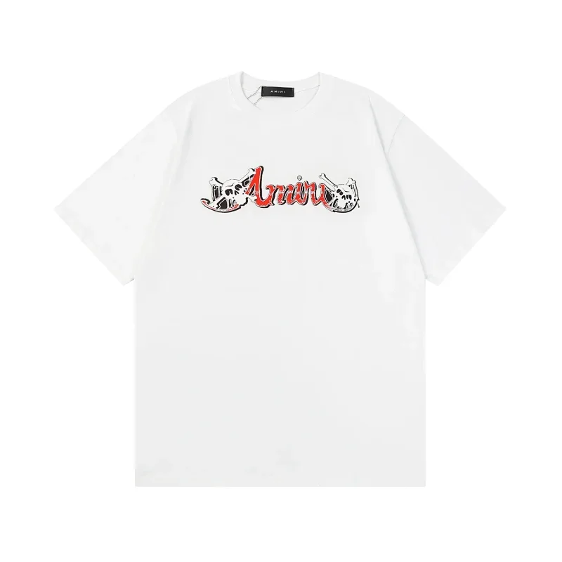 Amiri White T-Shirt: Red Logo & Skeleton