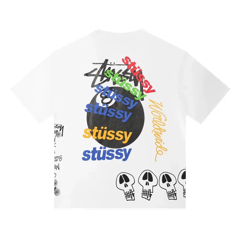 Stussy White T-Shirt with 8-Ball, Skull & Worldwide Graphics