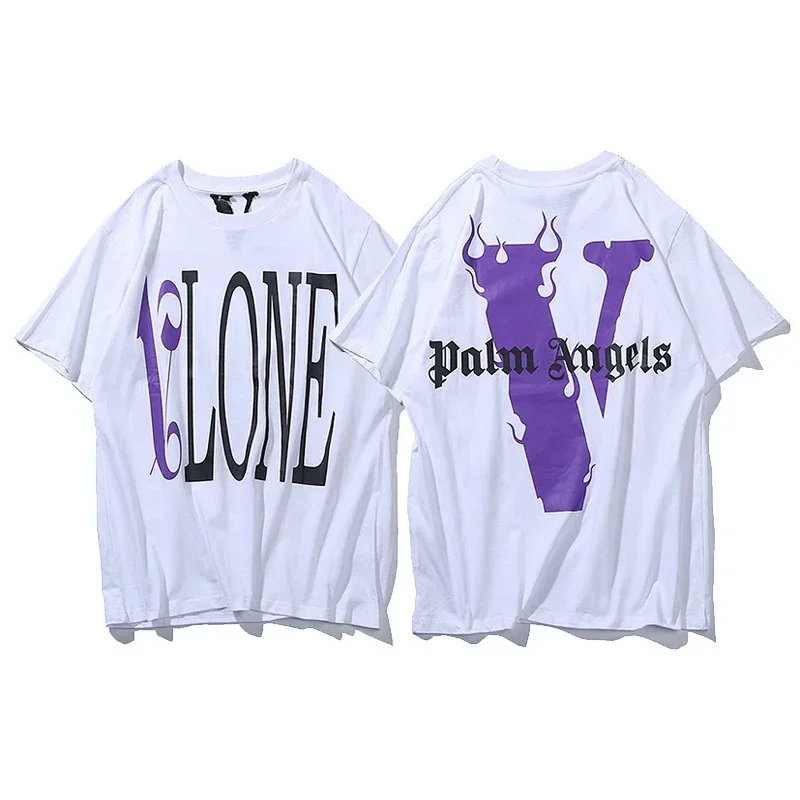 VLONE White T-Shirt with Purple Flame & Palm Angels Print