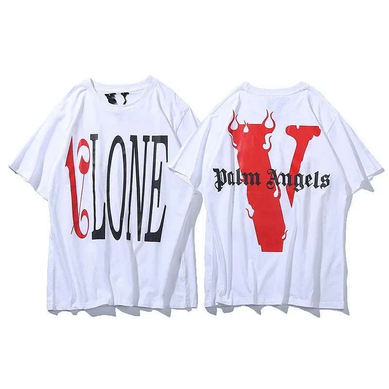 VLONE White T-Shirt Front Print Back Flame V
