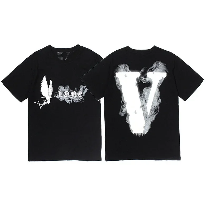 VLONE Black T-Shirt: Angel Smoke Front, Big V Back