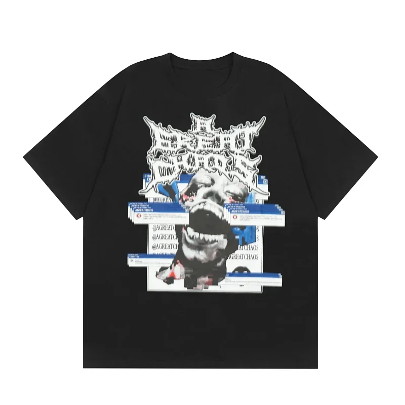 AGREATCHAOS Black T-Shirt: Skull & Glitch Graphic