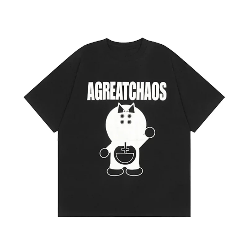 AGREATCHAOS Cartoon Print Black T-Shirts