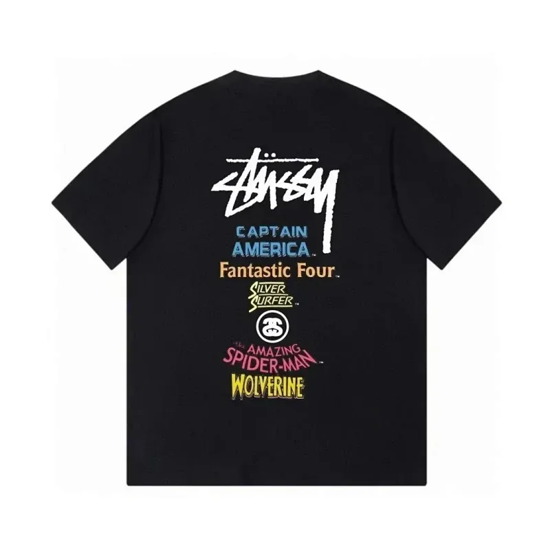 Stussy Black Logo Marvel Characters Text Graphic Tee
