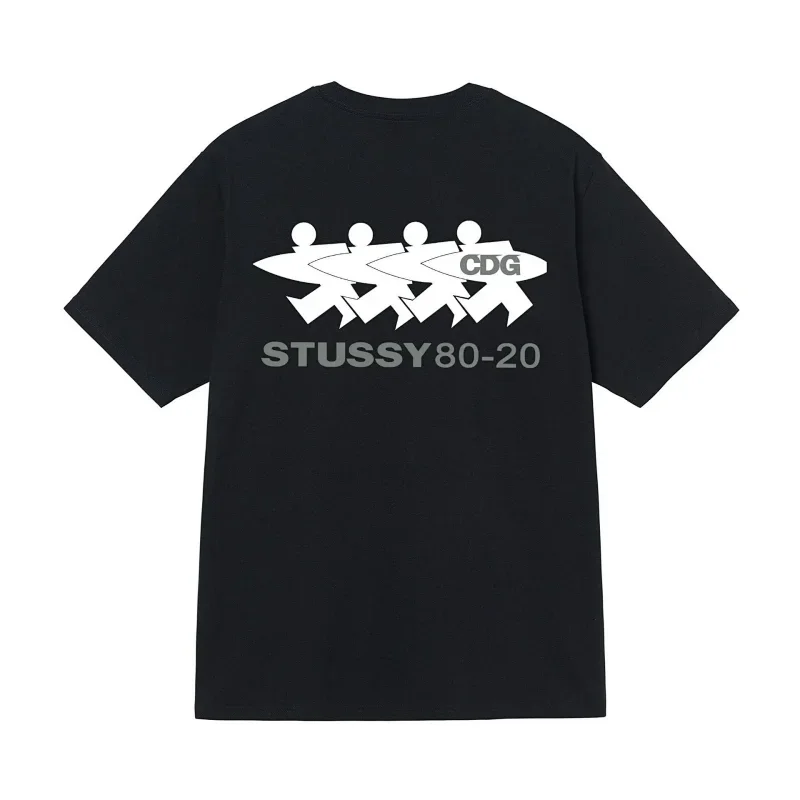 STUSSY Black T-Shirt with CDG & Surfing Print