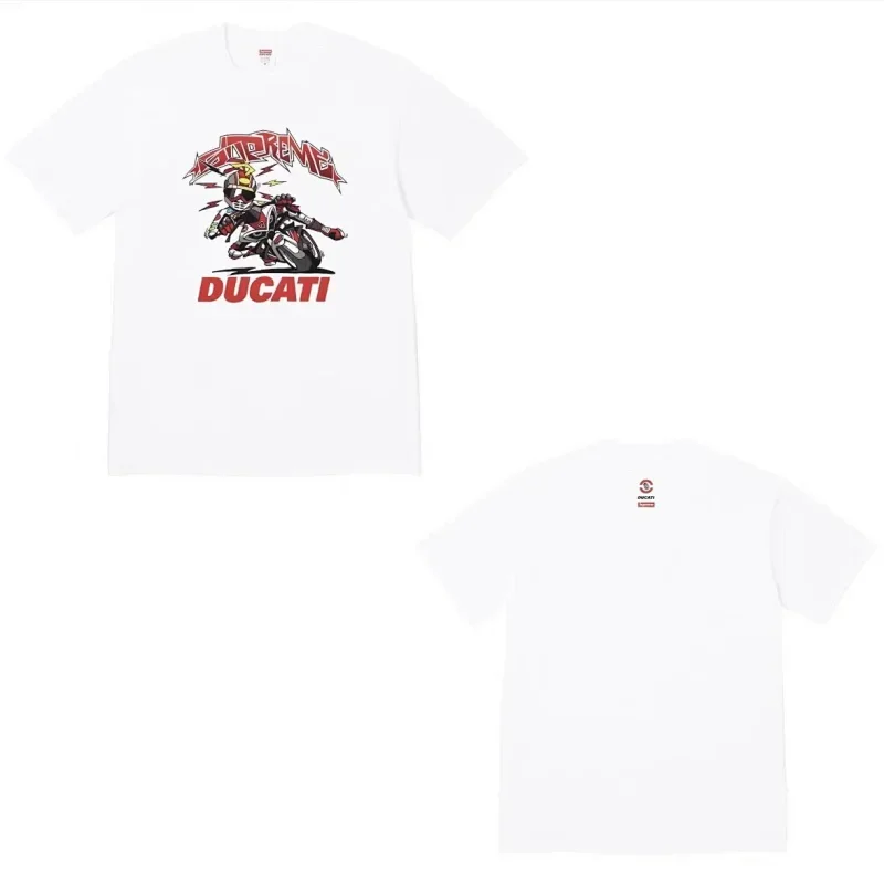 Ducati White Cartoon Motorcyclist Graphic T-Shirt