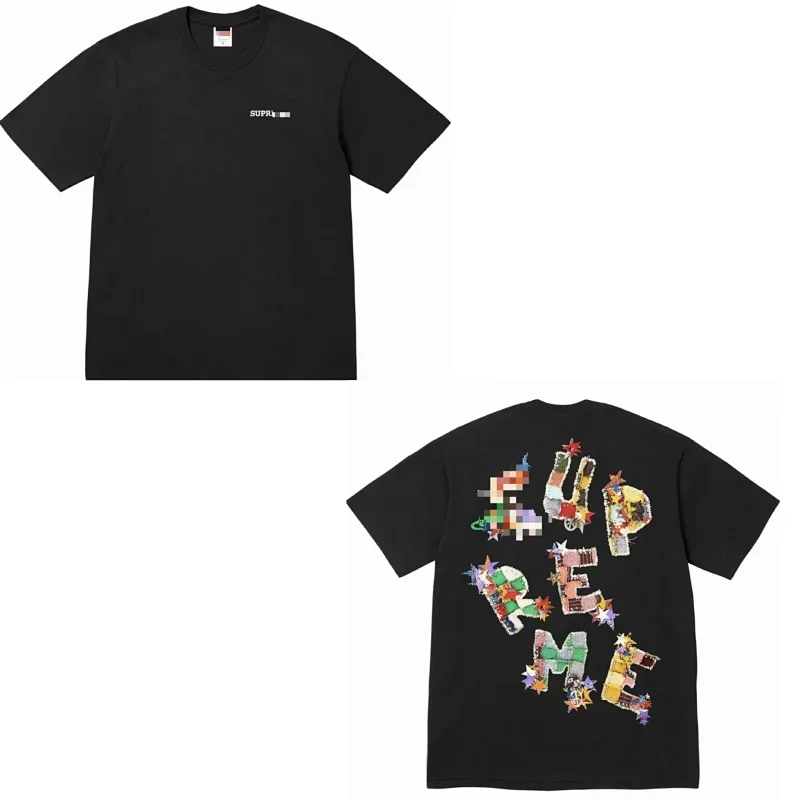 Supreme Black Small Front Logo Colorful Pixel Star Back T-Shirt