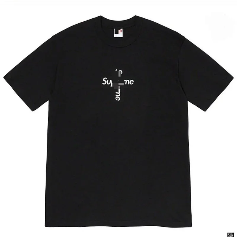 Supreme Black Cross-shaped Logo Text T-Shirt