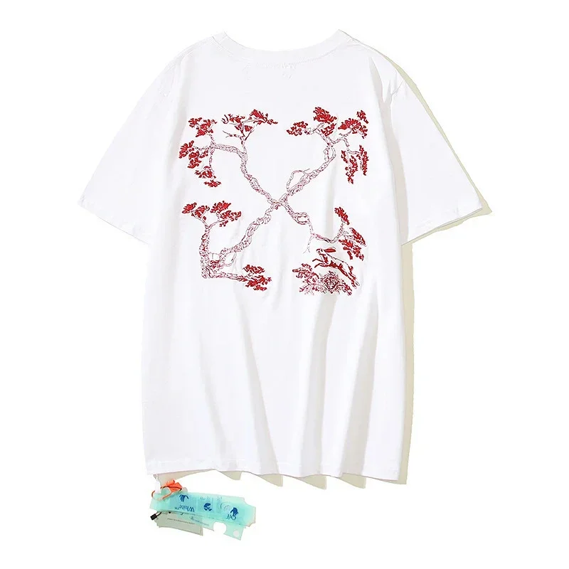 Off-White T-Shirt with Red Branch Embroidery