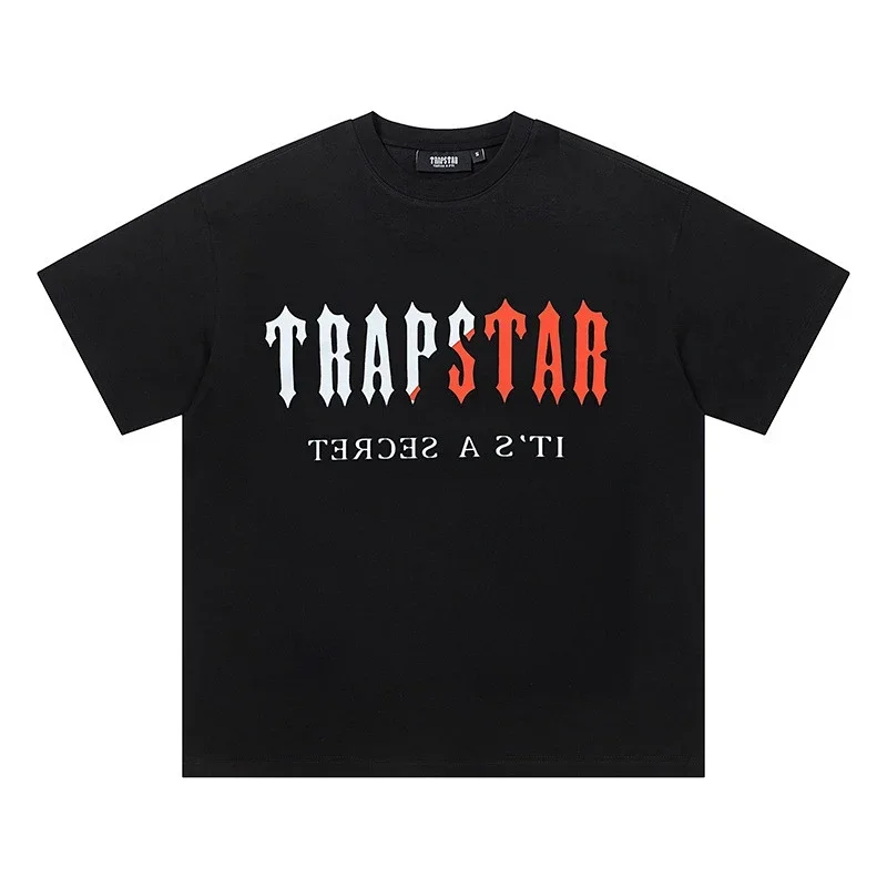 TRAPSTAR Black T-Shirt: White & Red Logo & Reversed Text