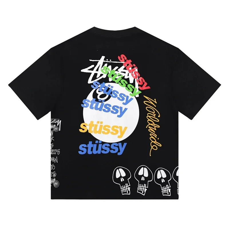 Stussy Black Multi-Color Logo Worldwide Text Skull Graphics T-Shirt
