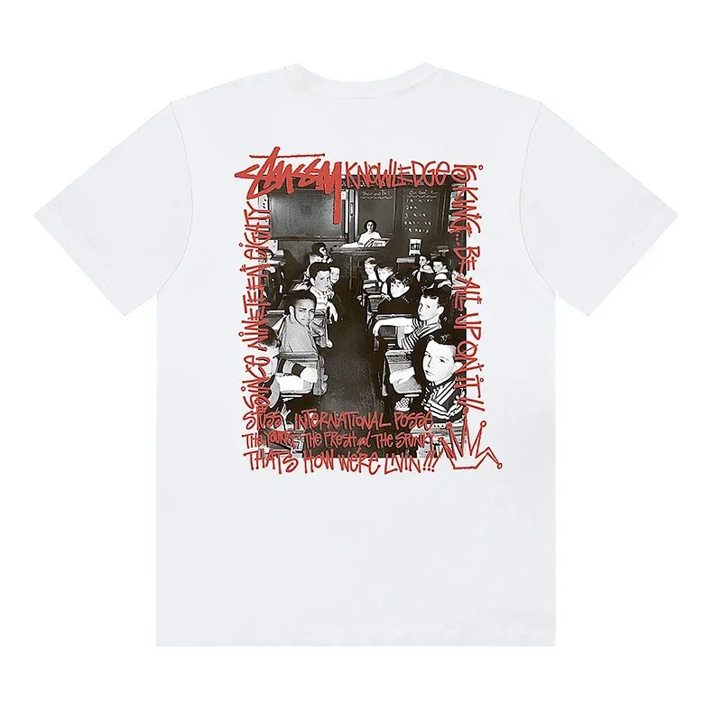 Stussy White Back Black White Classroom Graphic Red Graffiti T-Shirt