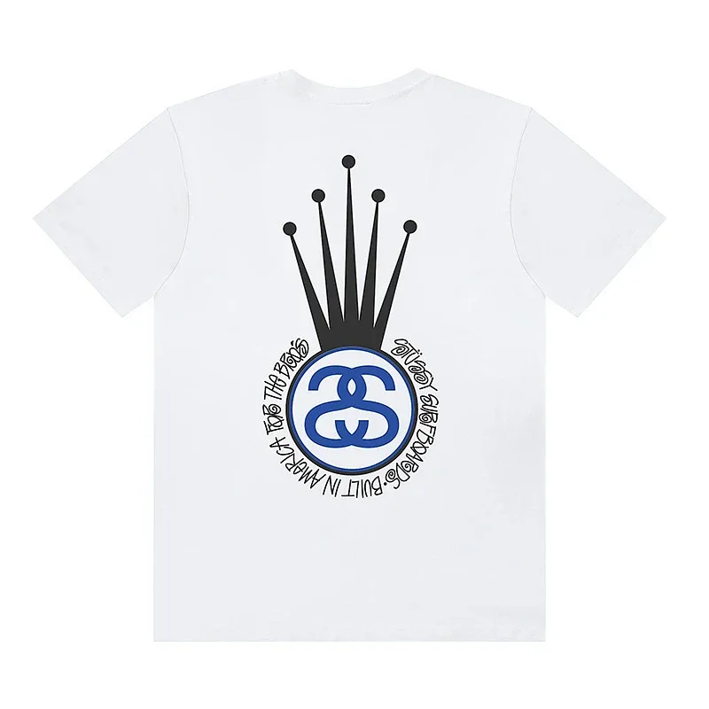 Stussy White T-Shirt with Black Crown & Blue S Logo