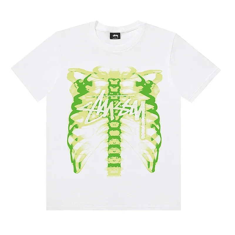 Stussy White T-Shirt Green Rib Cage Logo