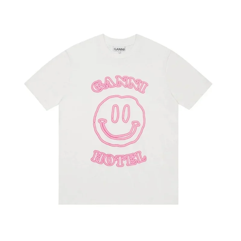 GANNI White Pink Smiley "GANNI HOTEL" Print T-Shirt