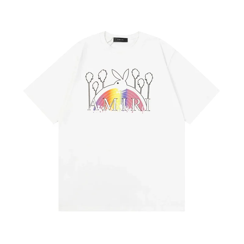 AMIRI White T-Shirt: Rainbow Bunny & Palm Trees