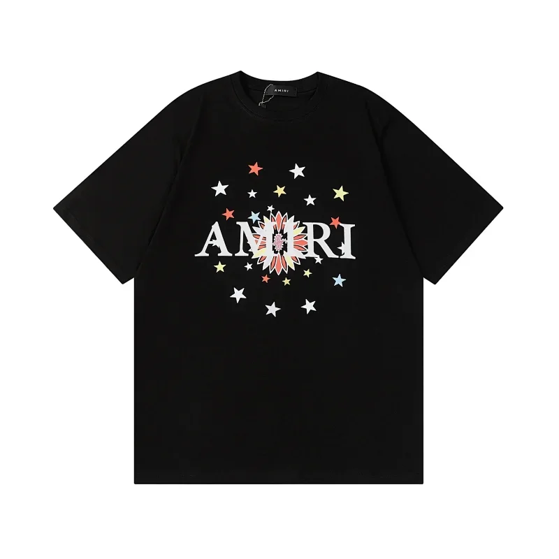 AMIRI Black T-Shirt with Stars & Flower Print